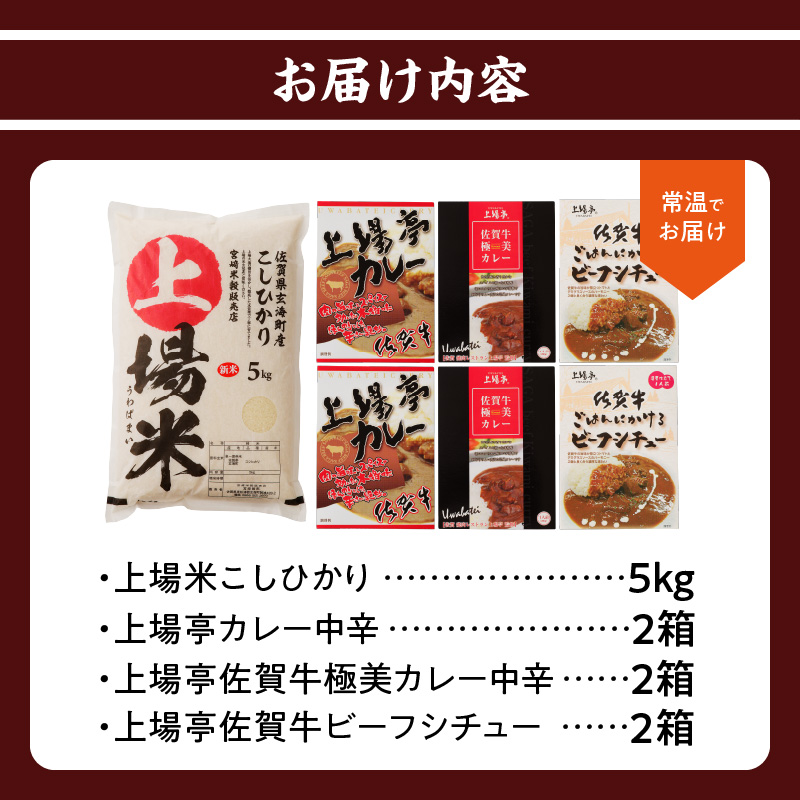 上場米こしひかり5kg・上場亭カレー・極美カレー・ビーフシチュー各2箱セット