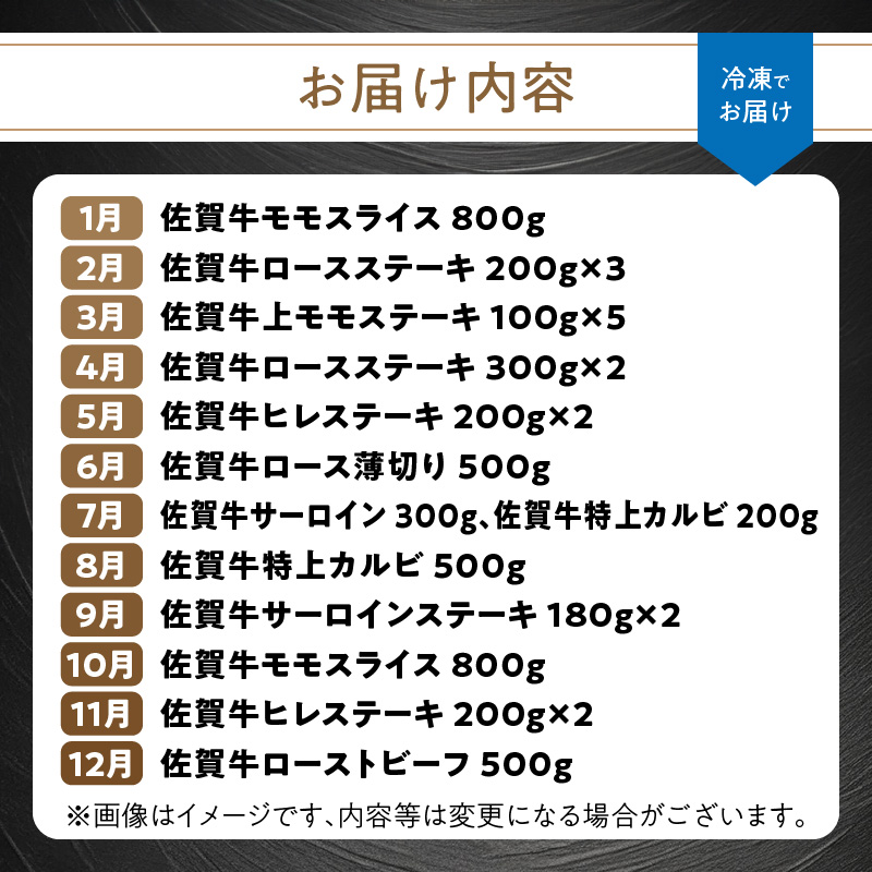 【特上】佐賀牛　極味肉定期便（毎月1回　計12回お届け）／ 定期便 佐賀牛 黒毛和牛 国産 モモ スライス 薄切り ロース ステーキ ヒレ サーロイン カルビ ローストビーフ しゃぶしゃぶ すき焼き 焼肉 牛肉 肉 A5 A4 セット 佐賀県 玄海町