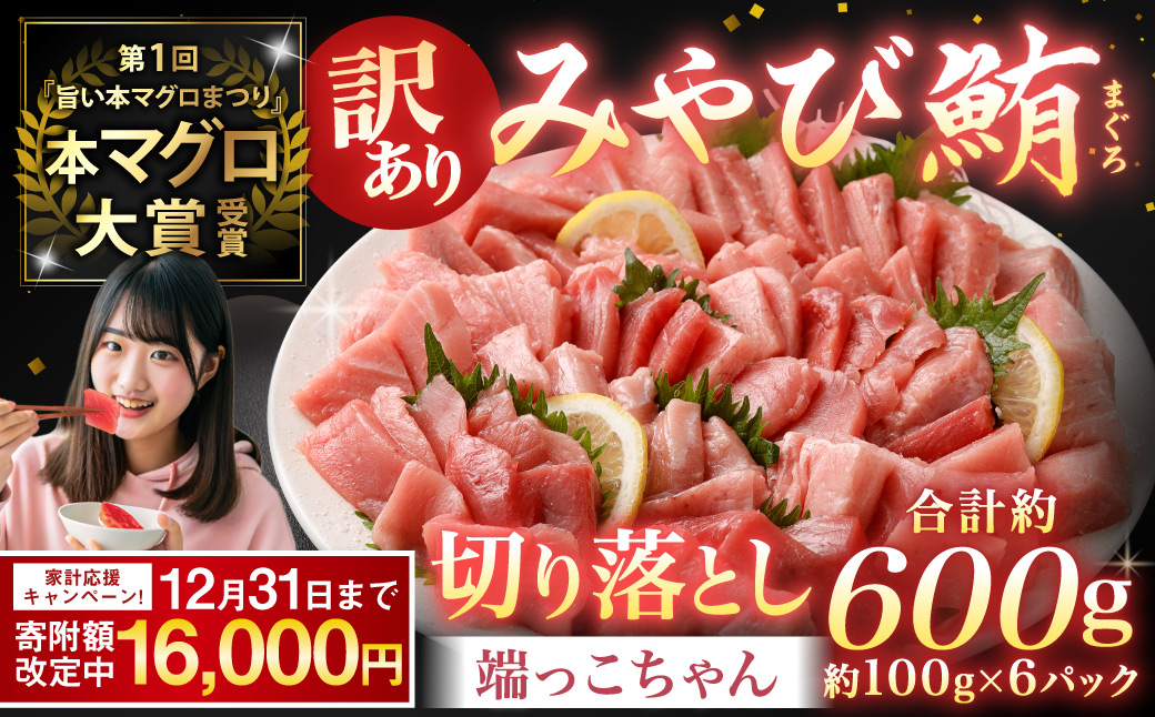 【期間限定！〜12月31日まで寄附額改定中】訳あり みやび鮪 切り落とし 端っこちゃん 計約600g（約100g×6） 6〜7人前 ／ マグロ 鮪 トロ 本鮪 本マグロ 本まぐろ 冷凍まぐろ 冷凍鮪 まぐろ 赤身 トロ 鮪赤身 鮪トロ 国産鮪 国産まぐろ 切落し きりおとし 魚 海鮮 刺身 刺し身 冷凍 長崎 長崎県 長崎市