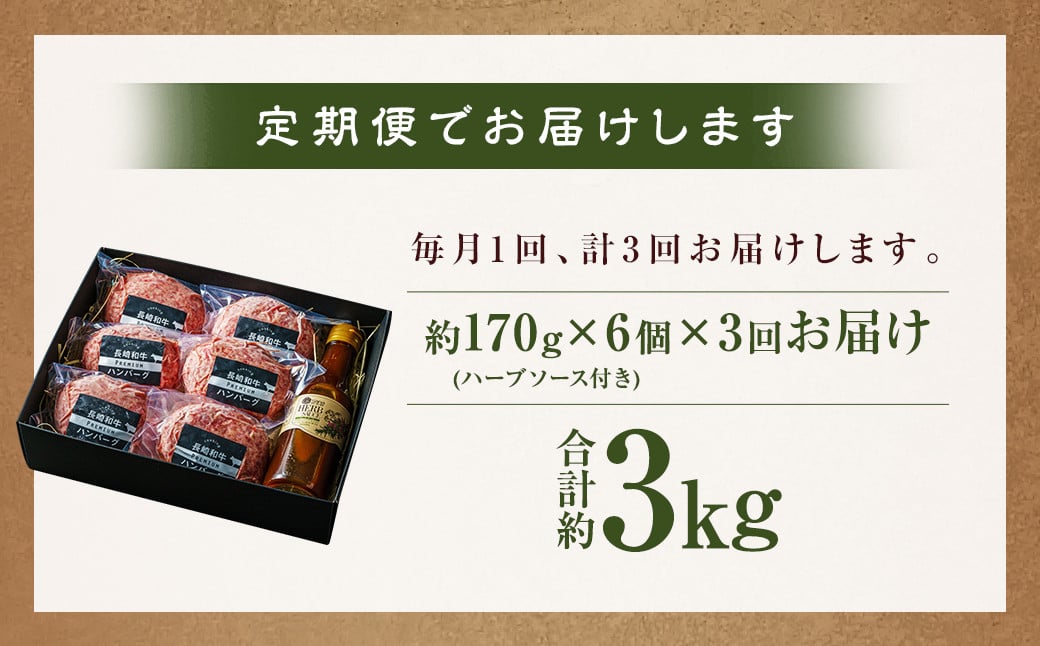 【全3回定期便】【年間1万個売れる！】A4～A5ランク 長崎和牛 ハンバーグセット 約170g×6個 和牛 牛肉 肉 牛 国産牛 国産 長崎和牛 牛肉100% はんばーぐ 冷凍 長崎