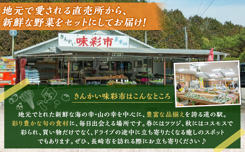 【全12回定期便】 農産物直売所おすすめ！ 旬野菜 セット 5〜10品目 ／ やさい 旬 野菜 詰合せ 詰め合わせ 新鮮 産地直送 ふるさと おまかせ お楽しみ きんかい味彩市 長崎県 長崎市