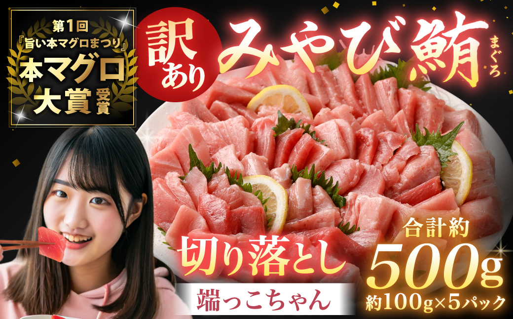 訳あり みやび鮪 切り落とし 端っこちゃん 計約500g（約100g×5） 5〜6人前 ／ マグロ 鮪 トロ 本鮪 本マグロ 本まぐろ 冷凍まぐろ 冷凍鮪 まぐろ 赤身 トロ 鮪赤身 鮪トロ 国産鮪 国産まぐろ 切落し きりおとし 魚 海鮮 刺身 刺し身 冷凍 長崎 長崎県 長崎市