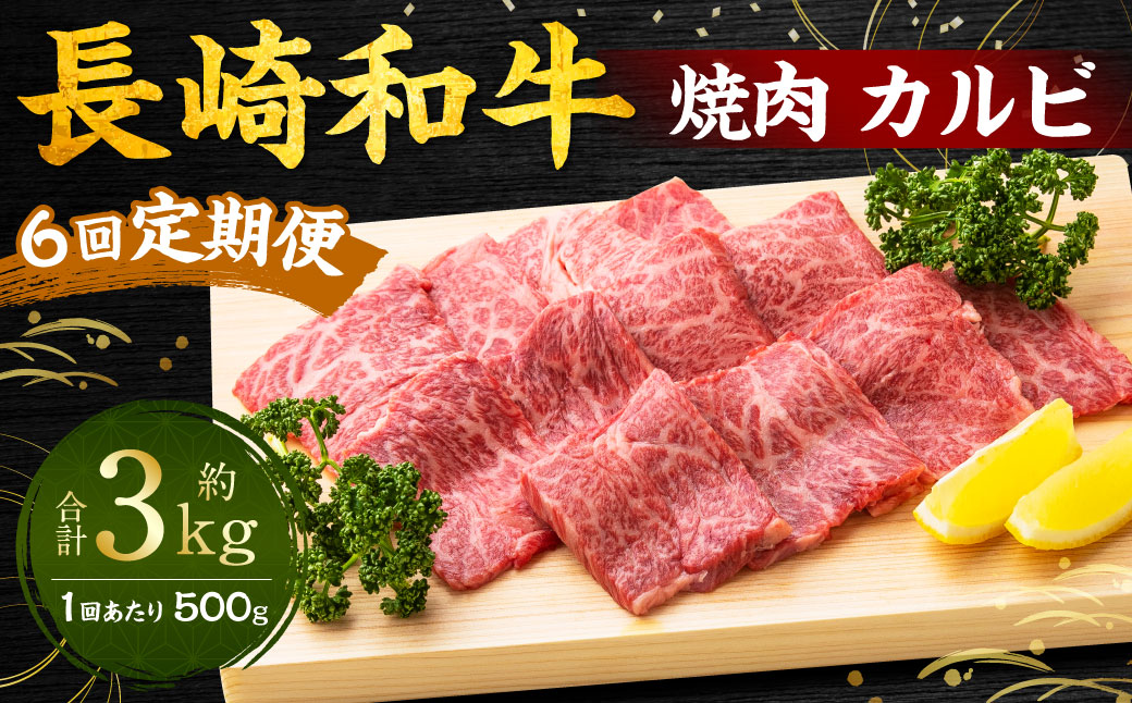 【全6回定期便】長崎和牛 焼肉 カルビ 約500g ／ 合計3kg 国産 肉 牛肉 和牛 お肉 長崎県 長崎市