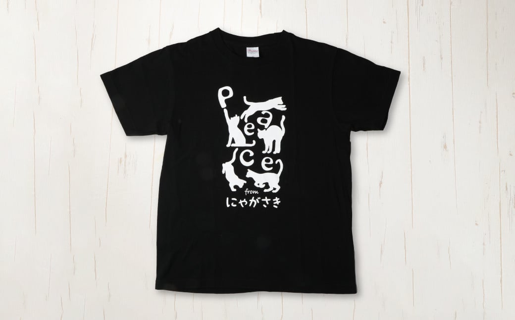 PEACEな ねこTシャツ（黒色・白色）各1枚・PEACEな ねこクリアホルダー（黒色・白色）各1枚・エコバッグ（青色）セット ／ 計5点 Tシャツ クリアホルダー 長崎県 長崎市