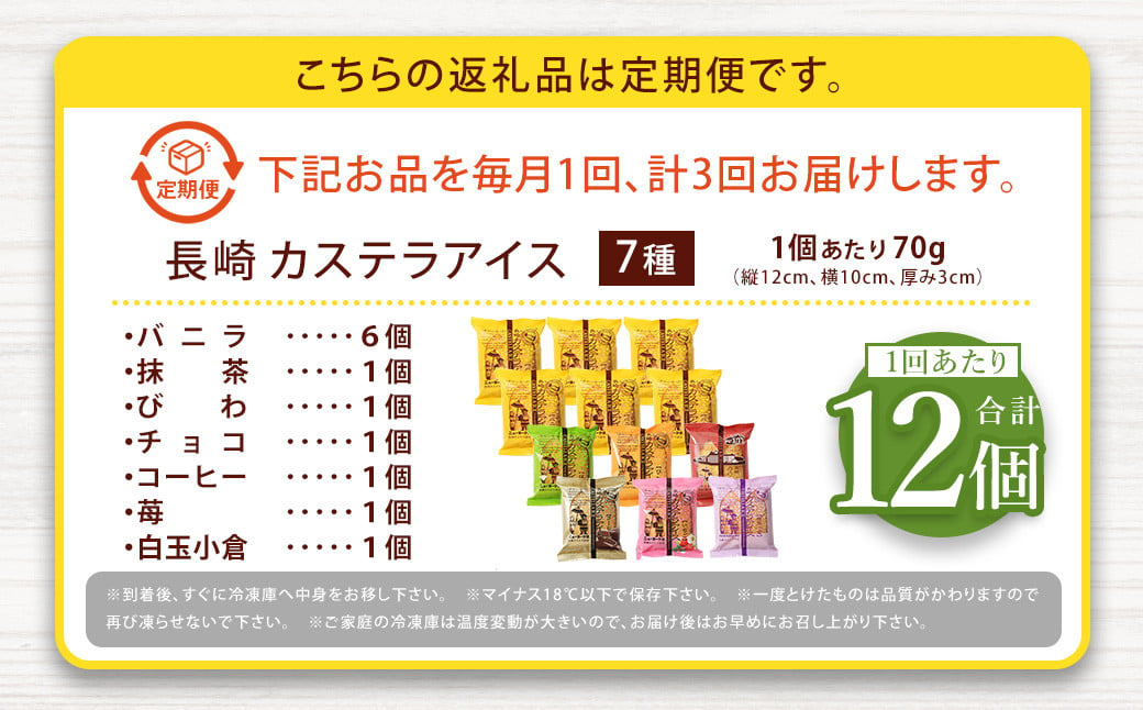 【全3回定期便】長崎 カステラ アイス 7種 計12個 (バニラ・抹茶・びわ・チョコ・コーヒー・苺・白玉小倉) あいす かすてら デザート スイーツ ニューヨーク堂