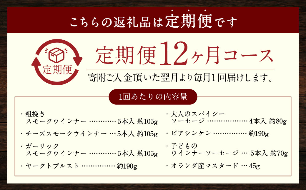 【全12回定期便】ドイツIFFAメダル受賞セット ／ 7種類 スモークウインナー ソーセージ マスタード お肉 詰め合わせ 冷蔵 長崎