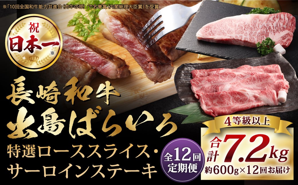 【全12回定期便】【A4ランク以上】長崎和牛 出島ばらいろ 特選 ロース スライス 350g サーロイン ステーキ 約250g 詰合せ ／ 和牛 国産 お肉 肉 牛肉 霜降り ロース サーロイン ステーキソース 塩コショウ付き セット 長崎県 長崎市