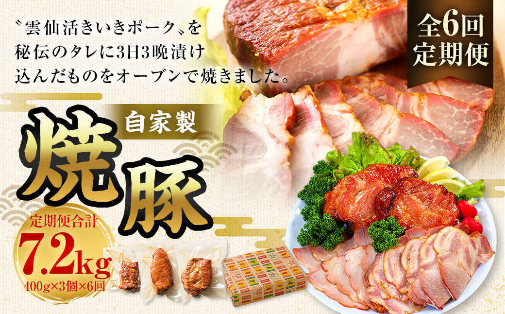 【全6回定期便】自家製焼豚 400g×3個セット ／ 合計7.2kg (18個) 惣菜 豚 豚肉 自家製 秘伝のタレ 雲仙活きいきポーク 長崎県 長崎市