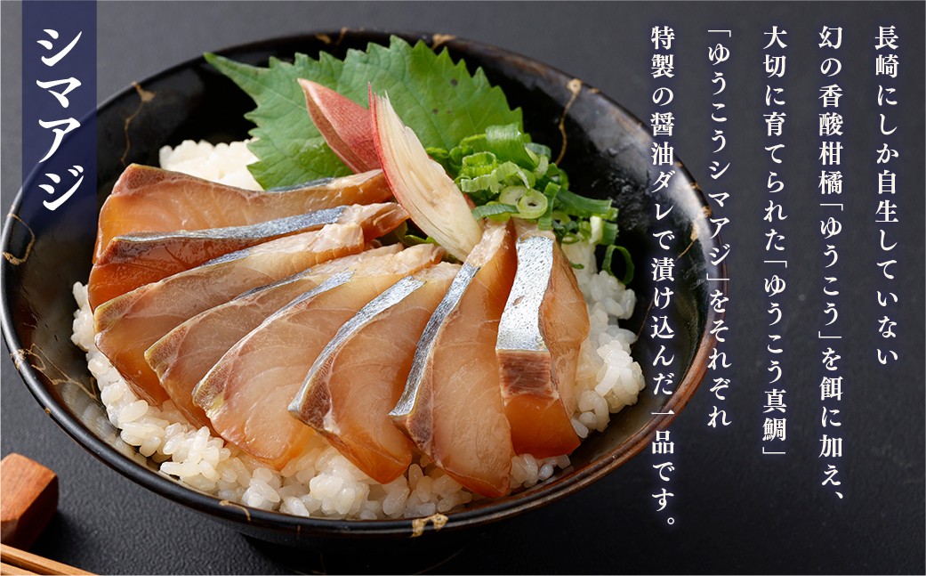 【14営業日以内発送】【premiumfishbrand】 ゆうこうシマアジ ・ 真鯛の海鮮漬け丼の素 計4袋 （各70g×各2袋） ／ シマアジ しまあじ 鯵 アジ あじ 真鯛 真鯛 マダイ まだい 鯛 タイ たい ゆうこう ブランド魚 魚 海鮮 漬け丼 丼 素 九州 長崎県 長崎市 冷凍