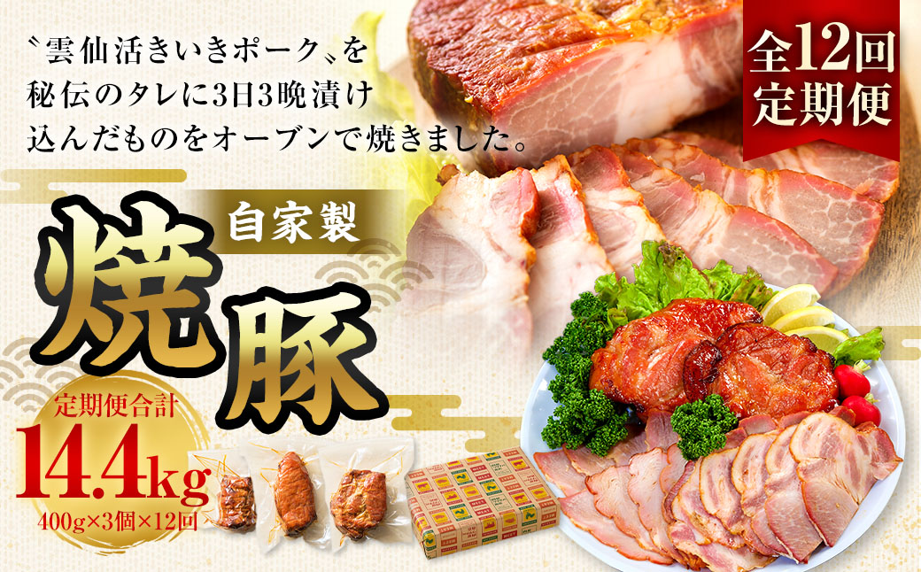 【全12回定期便】自家製焼豚 400g×3個セット ／ 合計14.4kg (36個) 惣菜 豚 豚肉 自家製 秘伝のタレ 雲仙活きいきポーク 長崎県 長崎市