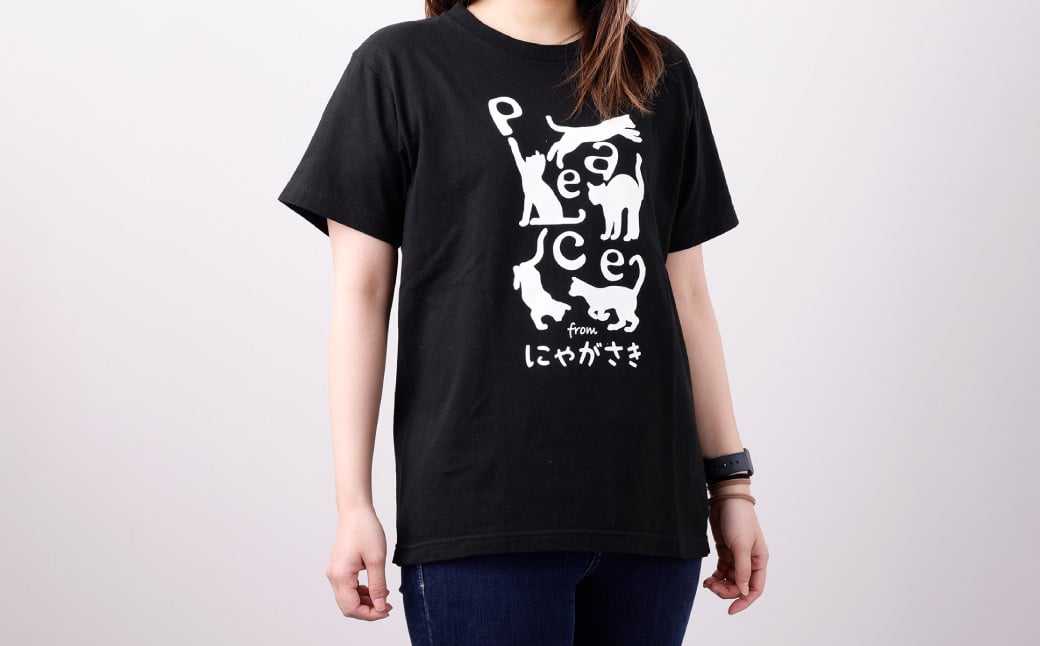 PEACEな ねこTシャツ（黒色・白色）各1枚・PEACEな ねこクリアホルダー（黒色・白色）各1枚・エコバッグ（青色）セット ／ 計5点 Tシャツ クリアホルダー 長崎県 長崎市