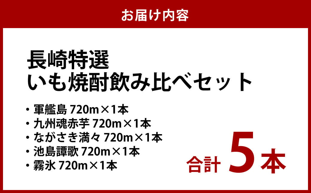 国際味覚賞5年連続受賞入 長崎特選いも焼酎飲み比べ720ml/5本セット ( 軍艦島・九州魂赤芋・ながさき満々・池島譚歌・霧氷 )