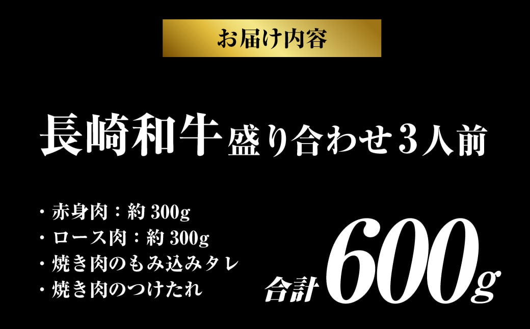 長崎和牛 秘伝のタレつき 厳選赤身肉と上ロースの焼肉盛り合わせ 計600g 3人前 和牛 国産牛 牛肉 お肉 肉