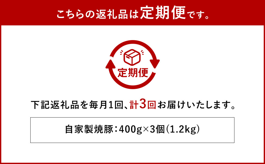 【全3回定期便】自家製焼豚 400g×3個セット ／合計3.6kg (9個) 惣菜 豚 豚肉 自家製 秘伝のタレ 雲仙活きいきポーク 長崎県 長崎市