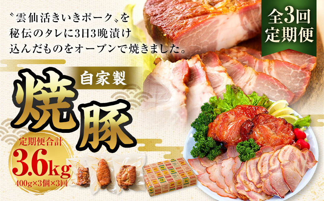 【全3回定期便】自家製焼豚 400g×3個セット ／合計3.6kg (9個) 惣菜 豚 豚肉 自家製 秘伝のタレ 雲仙活きいきポーク 長崎県 長崎市