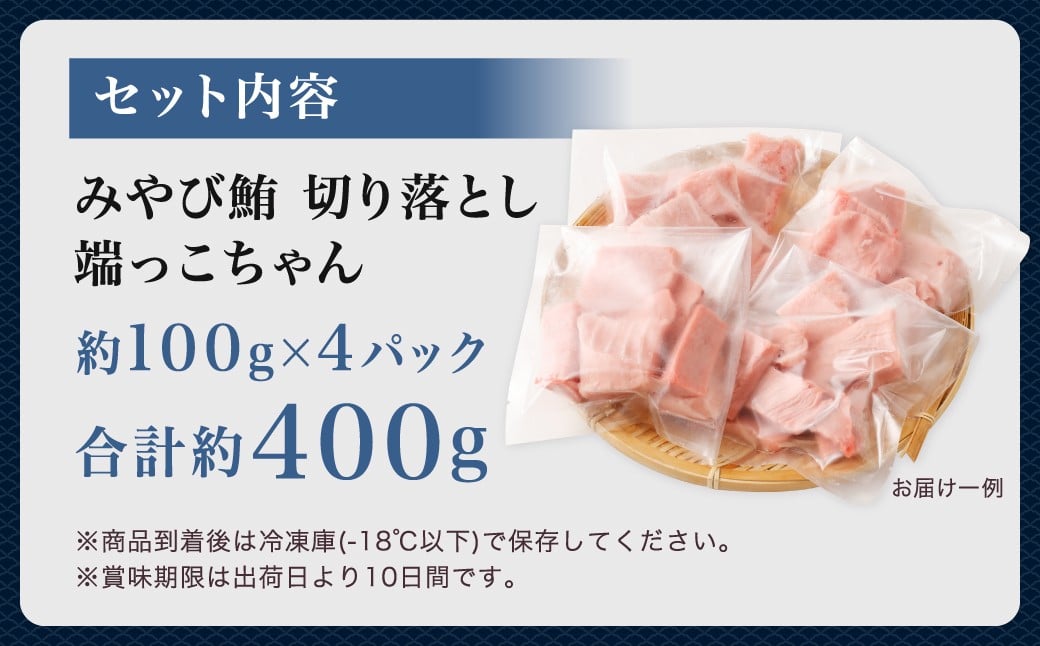 訳あり みやび鮪 切り落とし 端っこちゃん 計約400g（約100g×4） 4〜5人前 ／ マグロ 鮪 トロ 本鮪 本マグロ 本まぐろ 冷凍まぐろ 冷凍鮪 まぐろ 赤身 トロ 鮪赤身 鮪トロ 国産鮪 国産まぐろ 切落し きりおとし 魚 海鮮 刺身 刺し身 冷凍 長崎 長崎県 長崎市