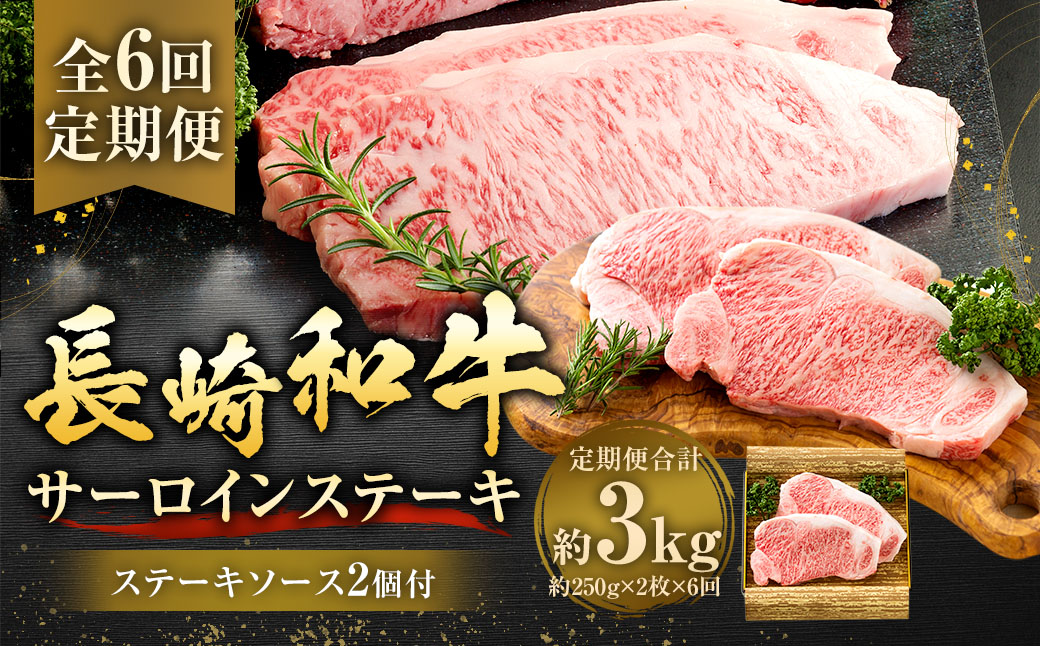 【全6回定期便】長崎和牛サーロインステーキ 250g×2枚 ／ 合計3kg (12枚) 国産 肉 お肉 和牛 ステーキ 長崎県 長崎市