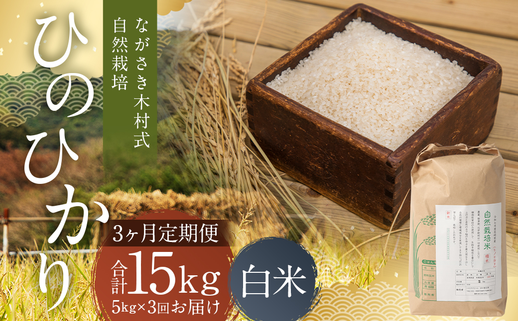 【全3回定期便】 ながさき木村式自然栽培 令和8年産 ひのひかり 白米 5kg （合計15kg）【2026年10月上旬より順次発送開始】／ 5キロ ヒノヒカリ お米 米 精米 定期便 国産 九州 長崎県 長崎市