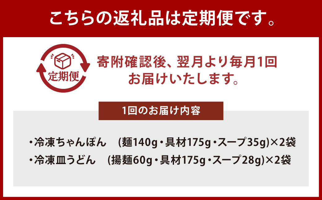 【全12回定期便】具材付き！長崎ちゃんぽん・皿うどん揚麺 各2人前 ／ 計48人前 (4人前×12回) ちゃんぽん チャンポン 皿うどん 麺類 みろくや 長崎県 長崎市