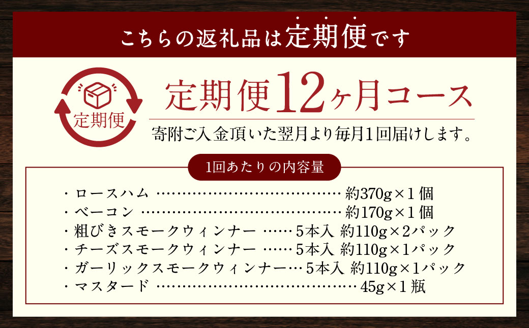 【全12回定期便】【長崎県産じげもん豚】を使った無添加ハム・ベーコン入りの燻製セット ／ ハム ベーコン 燻製  スモークウィンナー 粗びき チーズ ガーリック マスタード  詰合せ 詰め合わせ お肉 加工品 長崎県 長崎市