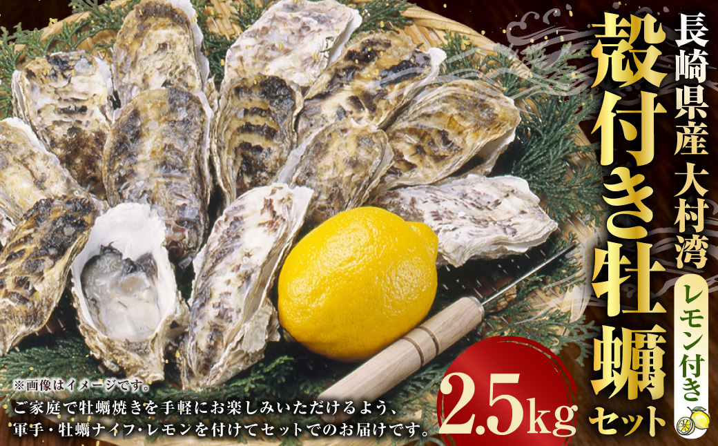 長崎県産 大村湾 殻付き牡蠣セット 2.5kg 浜揚げ直送 ( 軍手 牡蠣ナイフ1本 レモン付 ) ／ カキ かき 魚介類 オイスター 魚介 海鮮 グルメ 長崎県 長崎市 【2026年1月上旬～2月下旬迄発送予定】