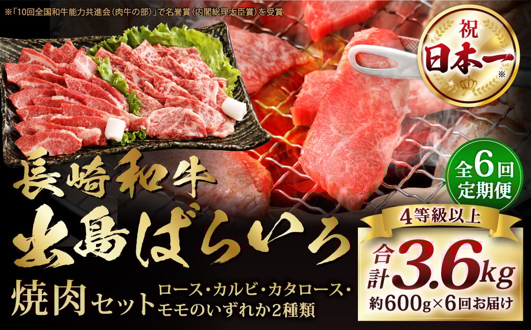 【全6回定期便】【A4ランク以上】長崎和牛 出島ばらいろ 特選焼肉 セット ( ロース カルビ カタロース モモ のいずれか2種類 ) 約300g×2 合計約600g ／ 和牛 国産 お肉 肉 牛肉 牛 焼き肉 焼肉 セット A4等級 BBQ バーベキュー アウトドア 肉のマルシン 出島 長崎県 長崎市