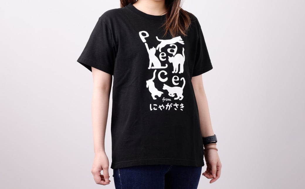 PEACEな ねこTシャツ（黒色・白色）各1枚・PEACEな ねこクリアホルダー（黒色）セット ／ 計3点 シャツ 服 衣類 クリアホルダー 長崎県 長崎市