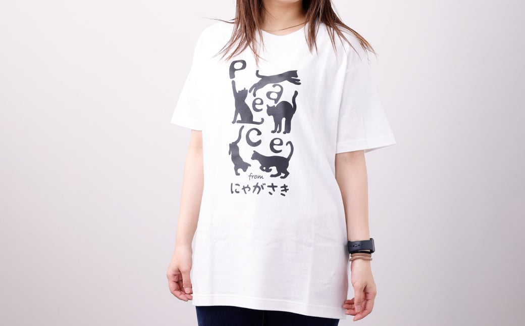 PEACEな ねこTシャツ（黒色・白色）各1枚・PEACEな ねこクリアホルダー（黒色・白色）各1枚・エコバッグ（青色）セット ／ 計5点 Tシャツ クリアホルダー 長崎県 長崎市