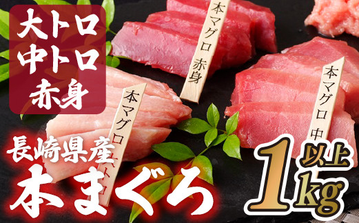 長崎県産 本マグロ (大トロ・中トロ・赤身)  計1kg以上 海鮮丼のタレ付き 真空パック後に超速冷凍【本家永松家】マグロ まぐろ 鮪 大トロ 大とろ 中トロ 中とろ 赤身 刺身 海鮮丼