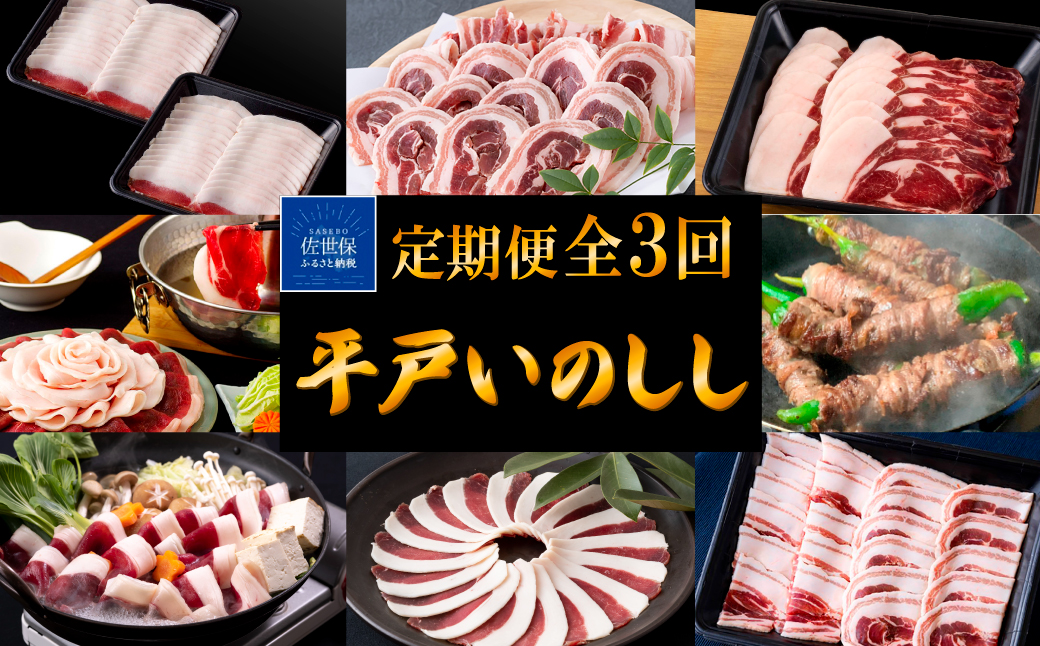 B566 《定期便》Newジビエ 平戸いのしし 食べ比べ月替わり便(ロース･肩ロース･バラ)【3回お届け】