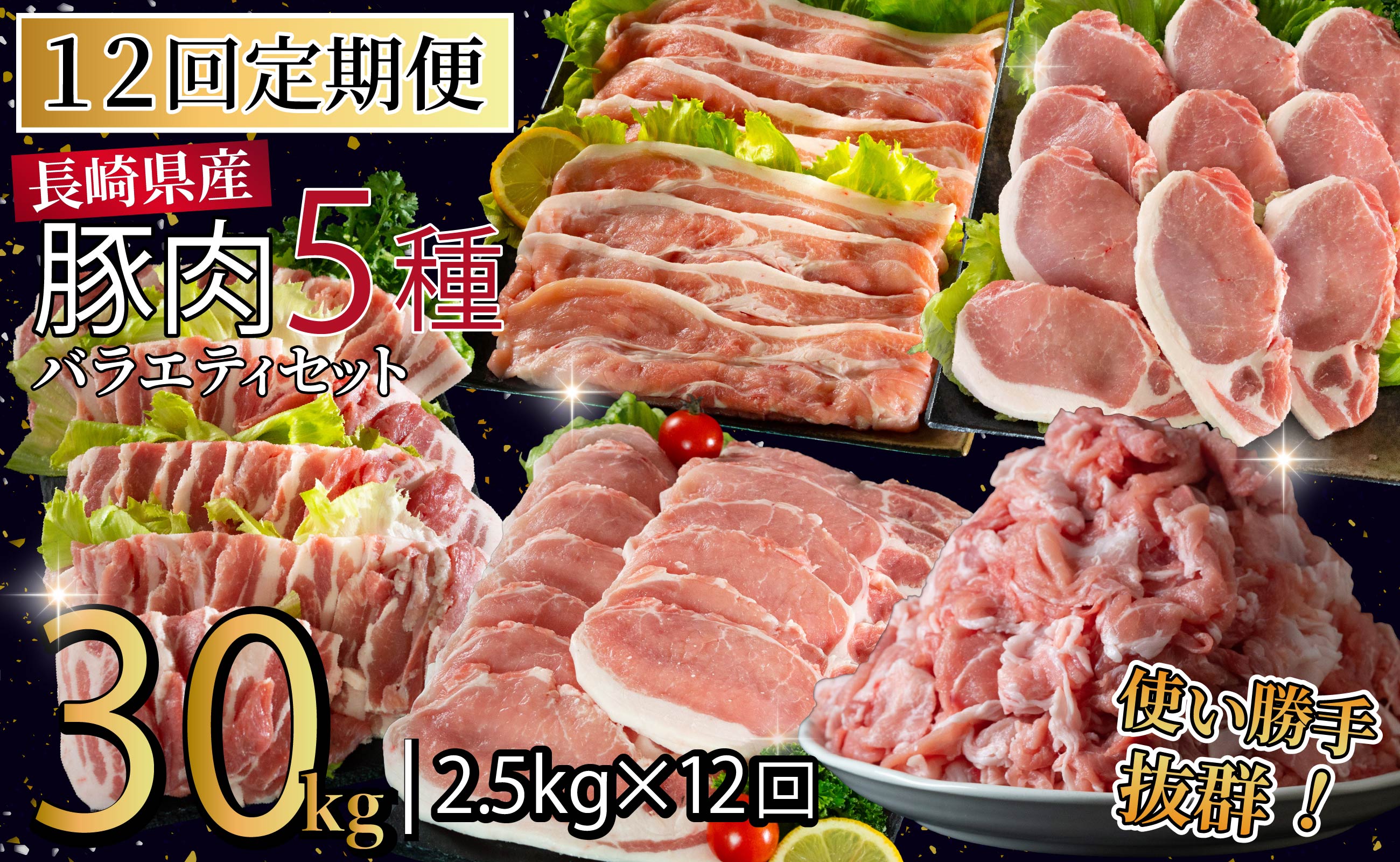 B620《定期便》長崎県産豚 バラエティ 5点セット 計2.5kg【12回お届け】