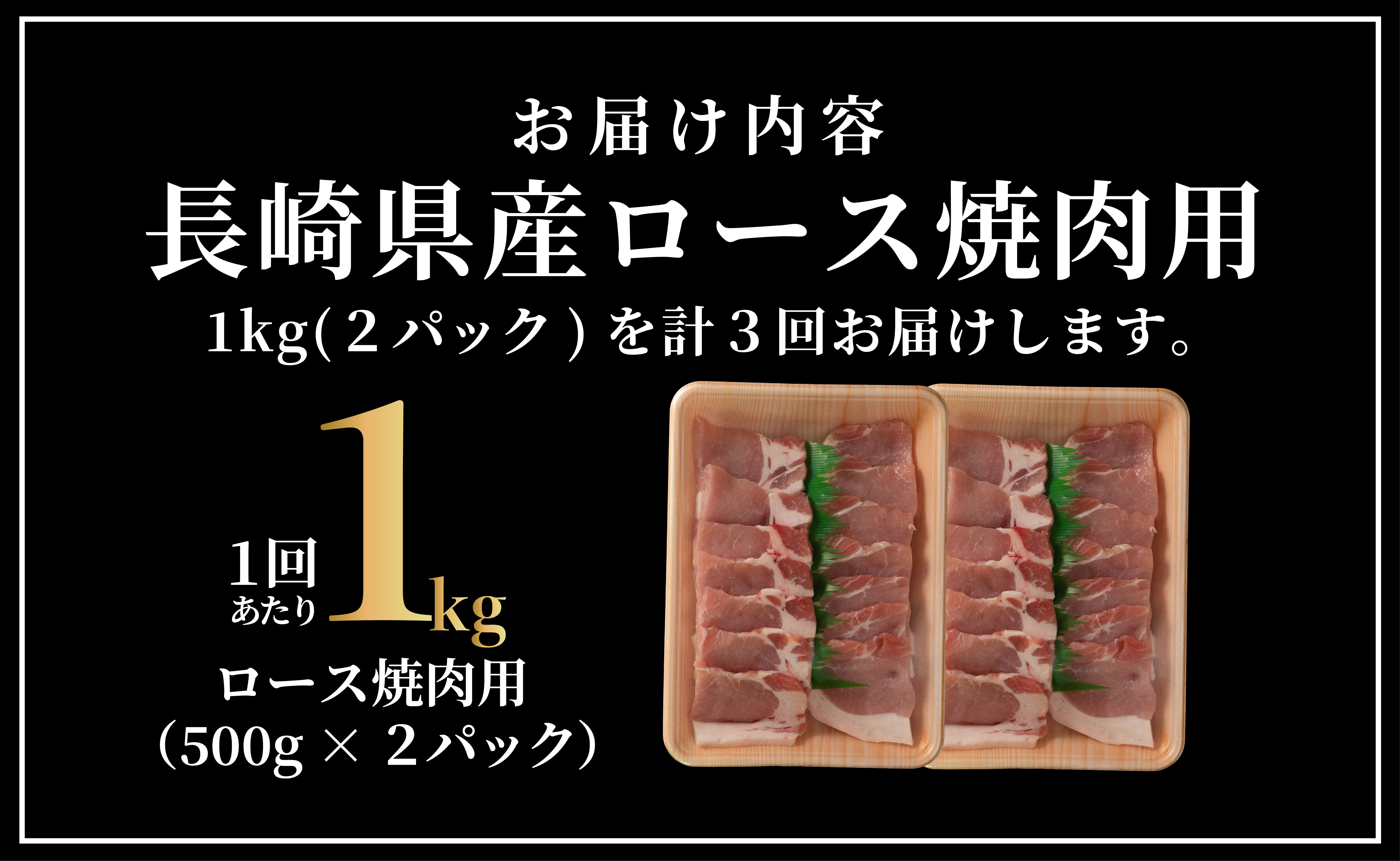 B598 《定期便》長崎県産豚 ロース焼肉用計1kg(500g×2) 【3回お届け】