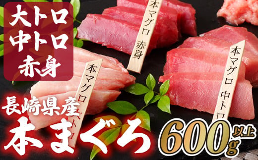 長崎県産 本マグロ (大トロ・中トロ・赤身)  計600g以上 海鮮丼のタレ付き 真空パック後に超速冷凍【本家永松家】マグロ まぐろ 鮪 大トロ 大とろ 中トロ 中とろ 赤身 刺身 海鮮丼