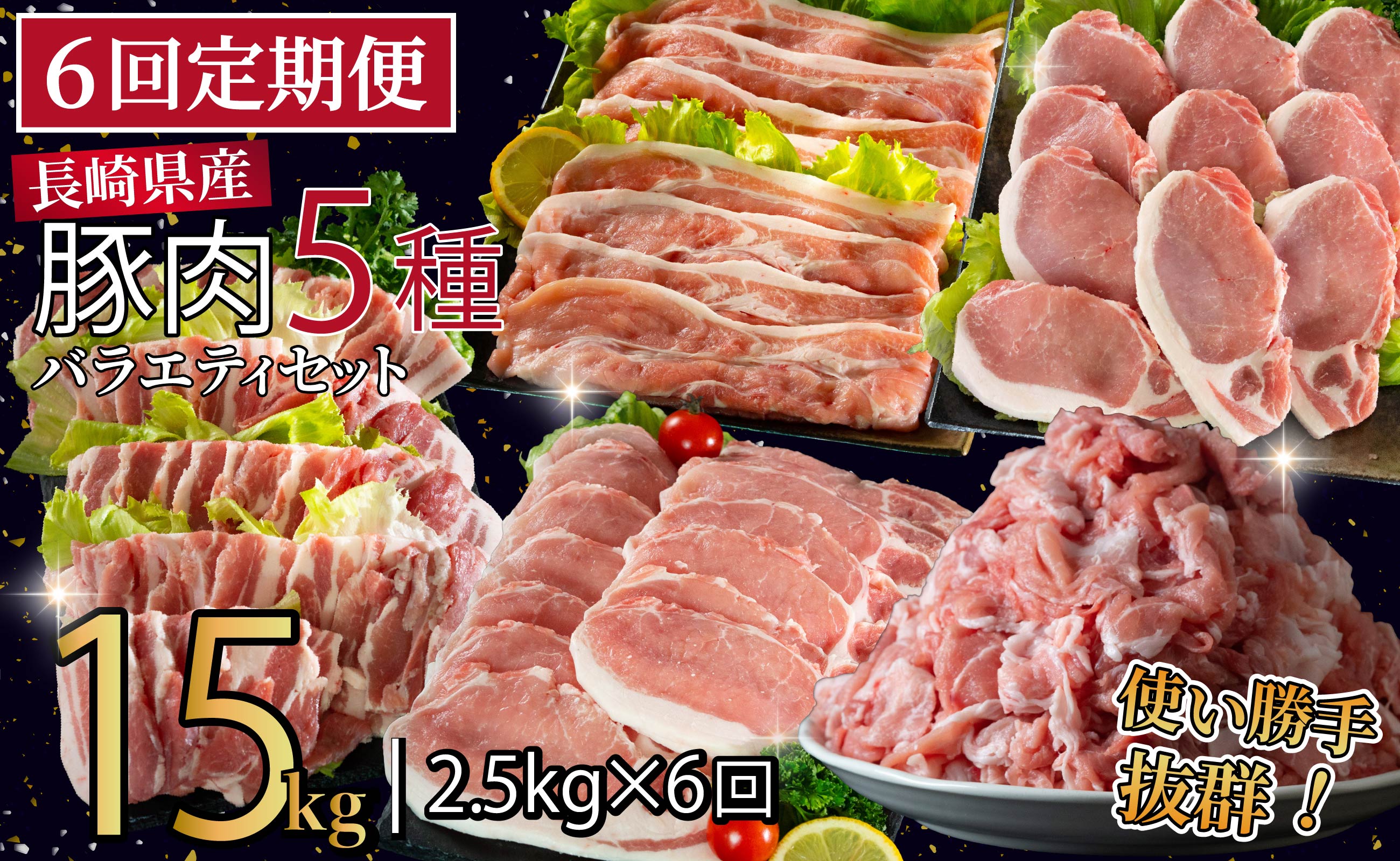 B619《定期便》長崎県産豚 バラエティ 5点セット 計2.5kg【6回お届け】
