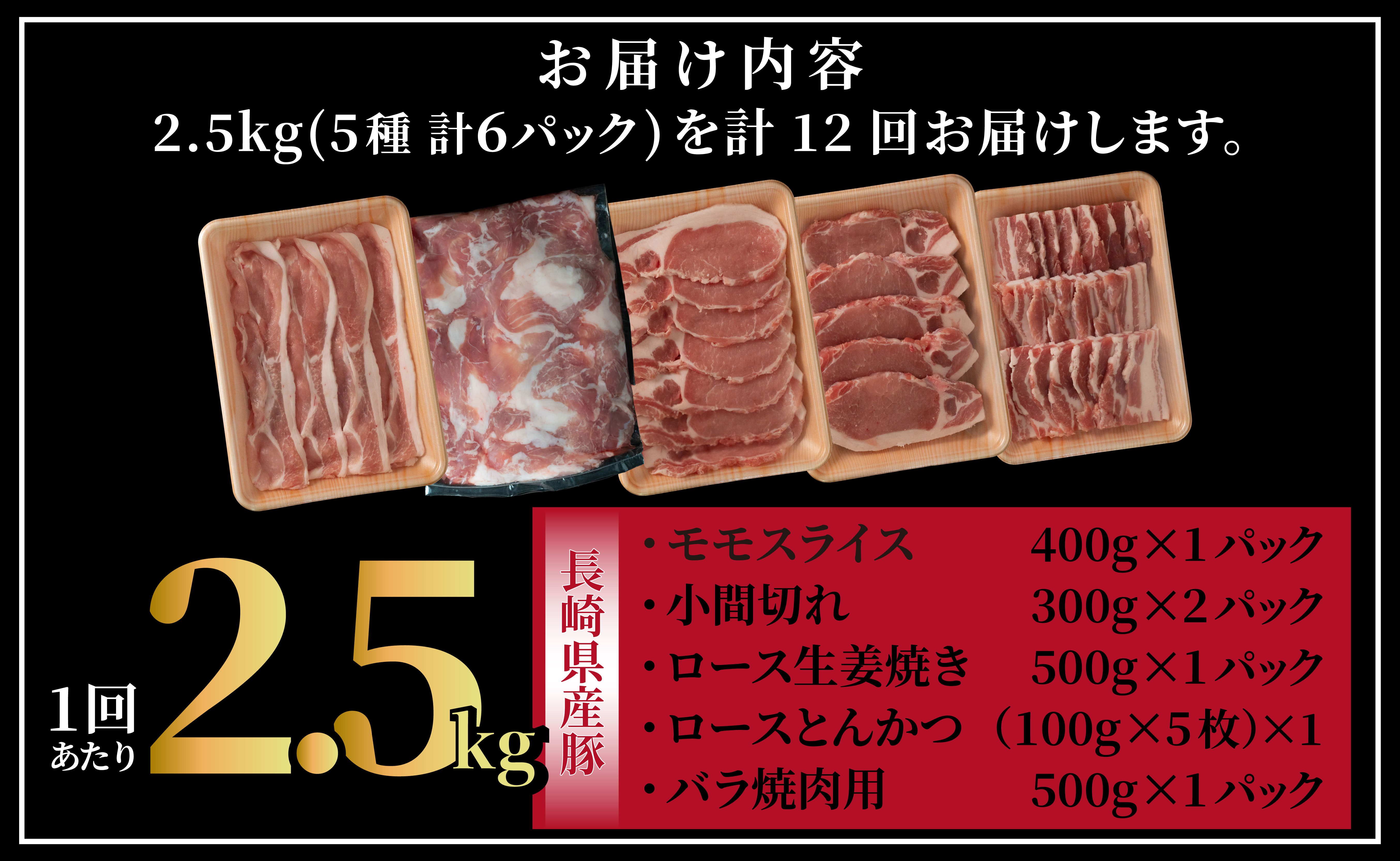 B620《定期便》長崎県産豚 バラエティ 5点セット 計2.5kg【12回お届け】