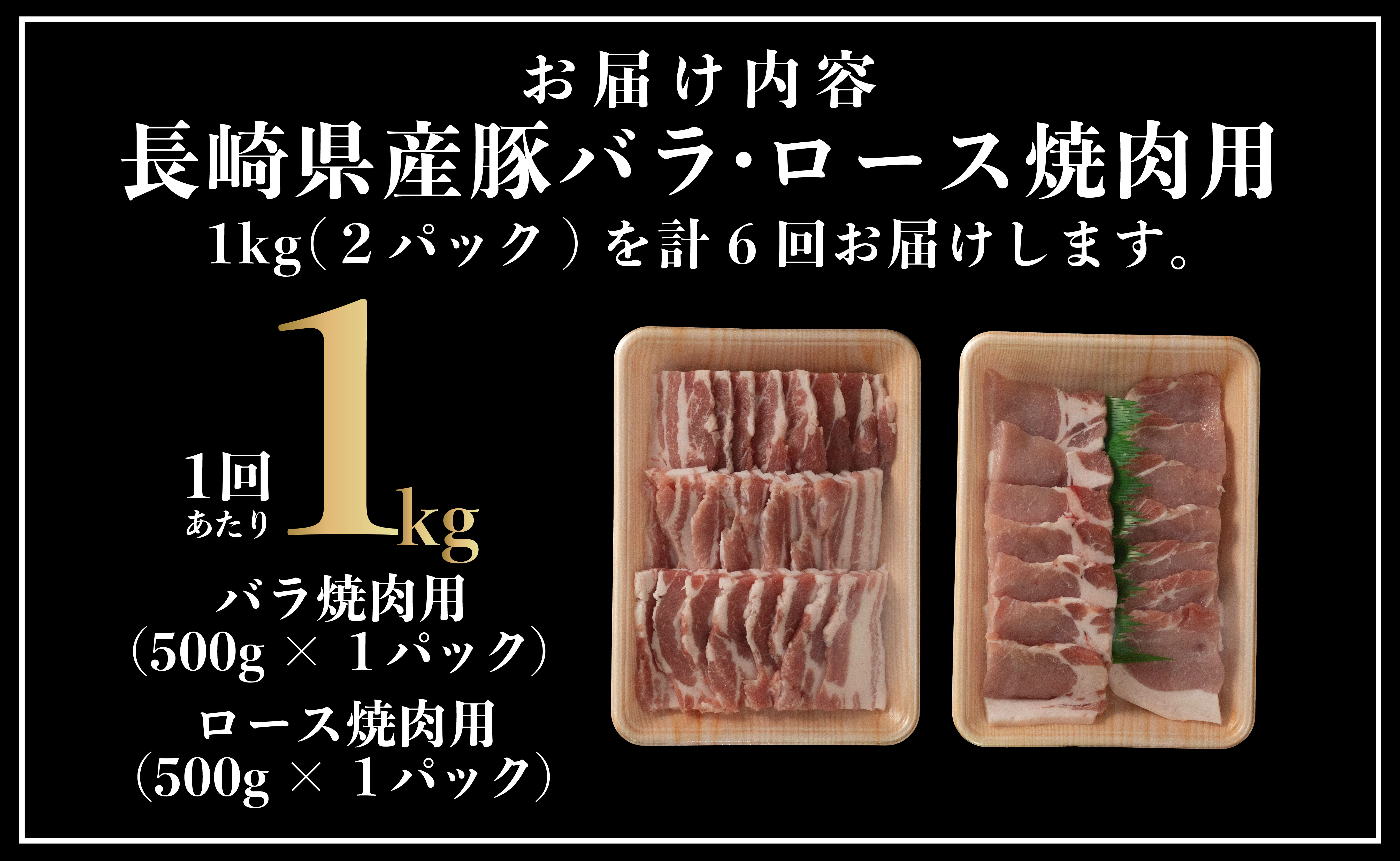 B603《定期便》長崎県産豚 バラ･ロース 焼肉用 2種食べ比べ 計1kg(バラ500g×1･ロース500g×1)6回お届け】