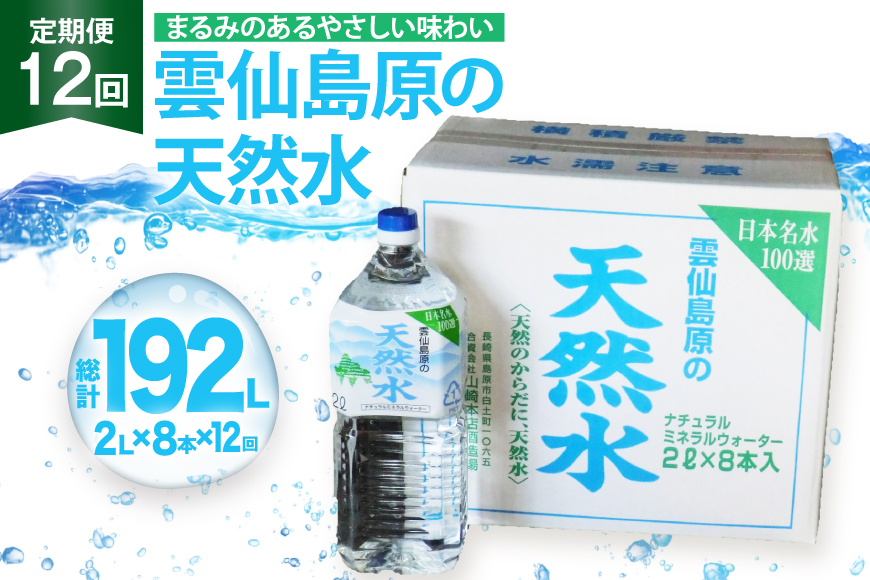 BE250 山崎本店酒造場 【12回定期便】 雲仙島原の天然水 2L 8本 [ 水 2リットル ウォーター 天然水 ペットボトル 定期便 定期 1年 おいしい 名水百選 大容量 軟水 長崎県 島原市 ]