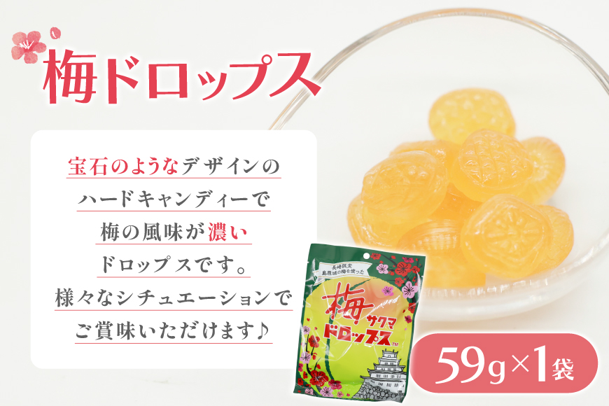 AJ233 島原城の梅を使った「梅ドロップス」「梅グミ」各1袋　計2袋 [株式会社島原観光ビューロー 長崎県 島原市] お菓子 おかし おやつ 梅 うめ 飴 あめ ドロップ グミ キャンディ かわいい