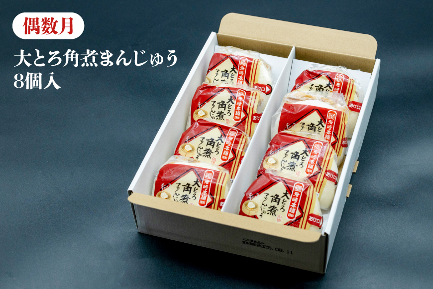 BJ073 岩崎本舗 【12回定期便】角煮まんじゅう 8個入 (箱)＜奇数月＞ ・ 大とろ角煮まんじゅう 8個入 (箱)＜偶数月＞ [長崎県 島原市]