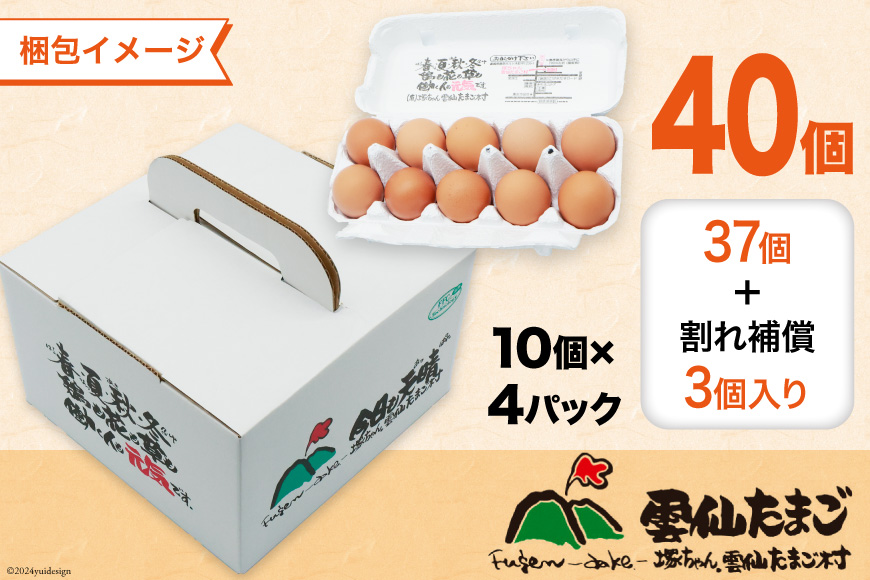 AI031 3回 定期便 雲仙たまご 40個 (10個入り×4パック) (37個＋割れ補償3個入り) [ 卵 たまご 生卵 鶏卵 赤卵 玉子 新鮮 塚ちゃん雲仙たまご村 長崎県 島原市 ]