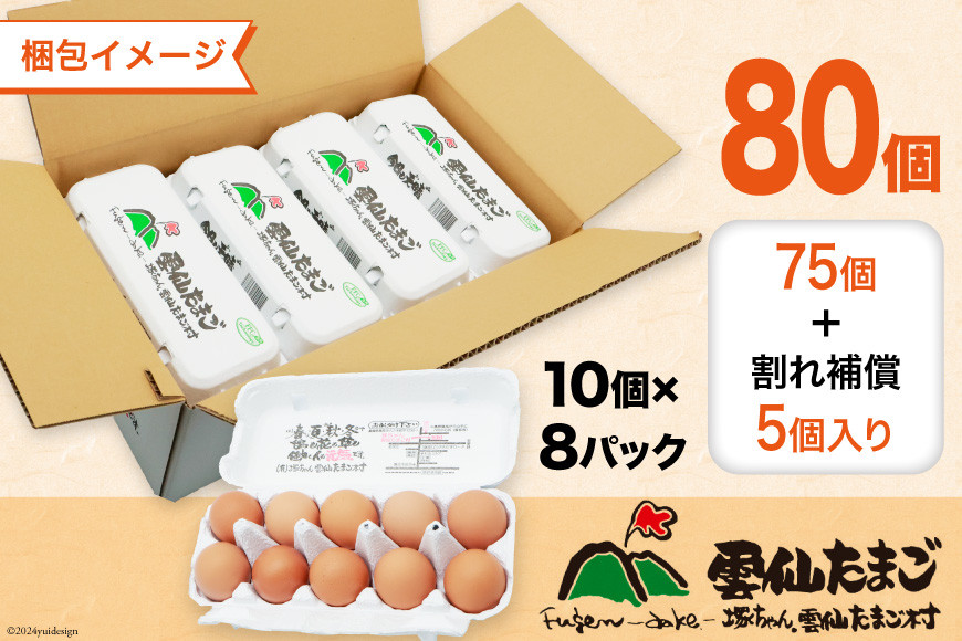 AI036 12回 定期便 雲仙たまご 80個 (10個入り×8パック)(75個＋割れ補償5個入り) [ 卵 たまご 生卵 鶏卵 赤卵 玉子 新鮮 塚ちゃん雲仙たまご村 長崎県 島原市 ]