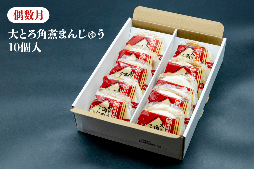BJ081 岩崎本舗 【12回定期便】長崎角煮まんじゅう 10個入(箱)＜奇数月＞・大とろ角煮まんじゅう 10個入(箱)＜偶数月＞ [長崎県 島原市]
