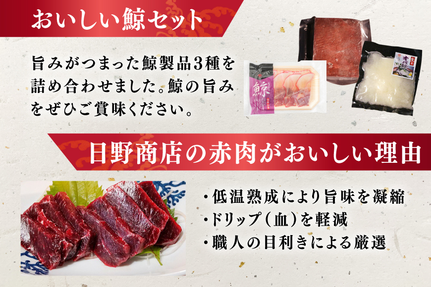 BJ151 美味しい 鯨 3種詰め合わせCセット 計370g( 背肉 ベーコンスライス オバ ) [ くじら クジラ 鯨肉 湯引き 簡単調理 おつまみ 肴 珍味 日野商店 長崎県 島原市 ]