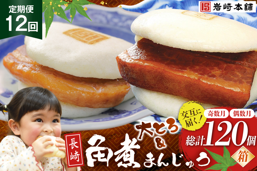 BJ081 岩崎本舗 【12回定期便】長崎角煮まんじゅう 10個入(箱)＜奇数月＞・大とろ角煮まんじゅう 10個入(箱)＜偶数月＞ [長崎県 島原市]