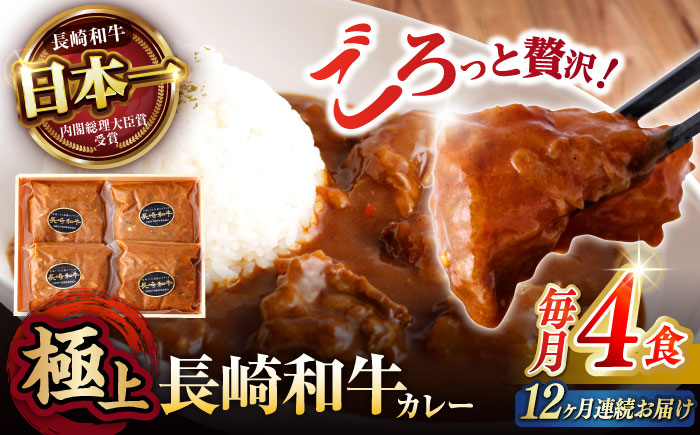 【12回定期便】 【肉のプロが贈る 究極のカレー】長崎和牛 カレー 約275g×4袋 / カレーライス かれー レトルト 牛 和牛 / 諫早市 / 野中精肉店 [AHCW100]