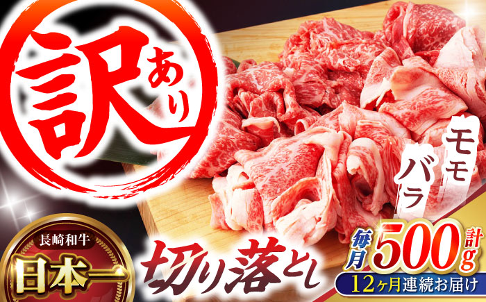 【12回定期便】【訳あり】長崎和牛 切り落とし 赤身 モモ バラ 500g(250g×2) / 長崎和牛 A5ランク ワケあり 小間切れ / 諫早市 / 野中精肉店 [AHCW014]