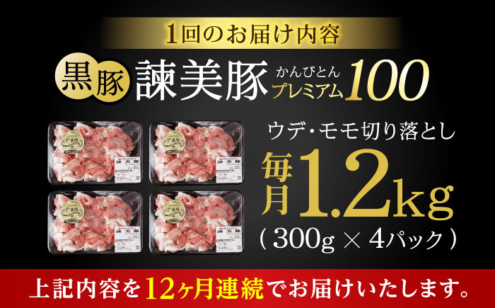 【12回定期便】＜特Aのブランド米で育てた＞黒豚諫美豚プレミアム100 切り落とし(ウデ・モモ) 1.2kg(300g×4P) / 黒豚 豚肉 小分け 肉 豚 ウデ肉 ウデ モモ もも肉 / 諫早市 / 株式会社土井農場 [AHAD110]