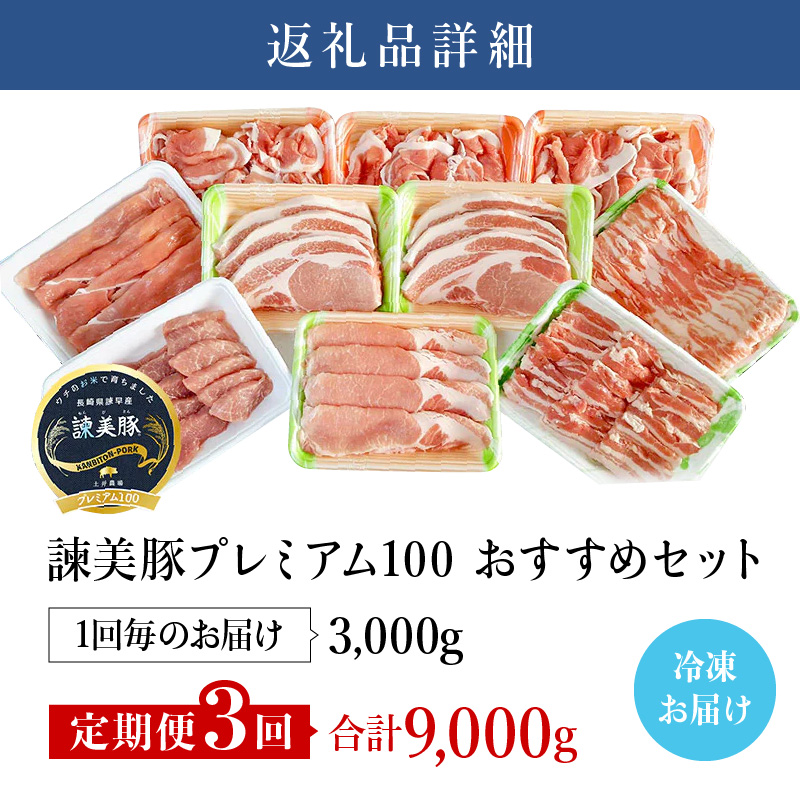 【3回定期便】諫早平野の米で育てた諫美豚プレミアム100お勧めセット3kg / 諫美豚 豚肉 肩ロース ステーキ モモ 切り落とし ハンバーグ ロースステーキ / 諫早市 / 株式会社土井農場 [AHAD024]