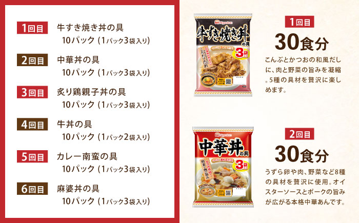 【6回定期便】仕送り定期便（丼コース） 6種 170食分 / 小分け レトルト どんぶり 丼 簡単 温める 仕送り 大学生 一人暮らし 単身赴任 防災 保存食 長期保存 常温 / 諫早市 / 日本ハム [AHAL029]