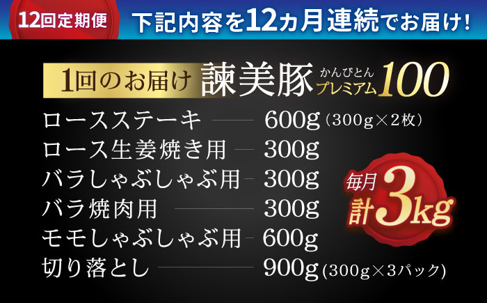 【12回定期便】諫早平野の米で育てた諫美豚プレミアム100お勧めセット3kg / 諫美豚 豚肉 肩ロース ステーキ モモ 切り落とし ハンバーグ ロースステーキ / 諫早市 / 株式会社土井農場 [AHAD033]